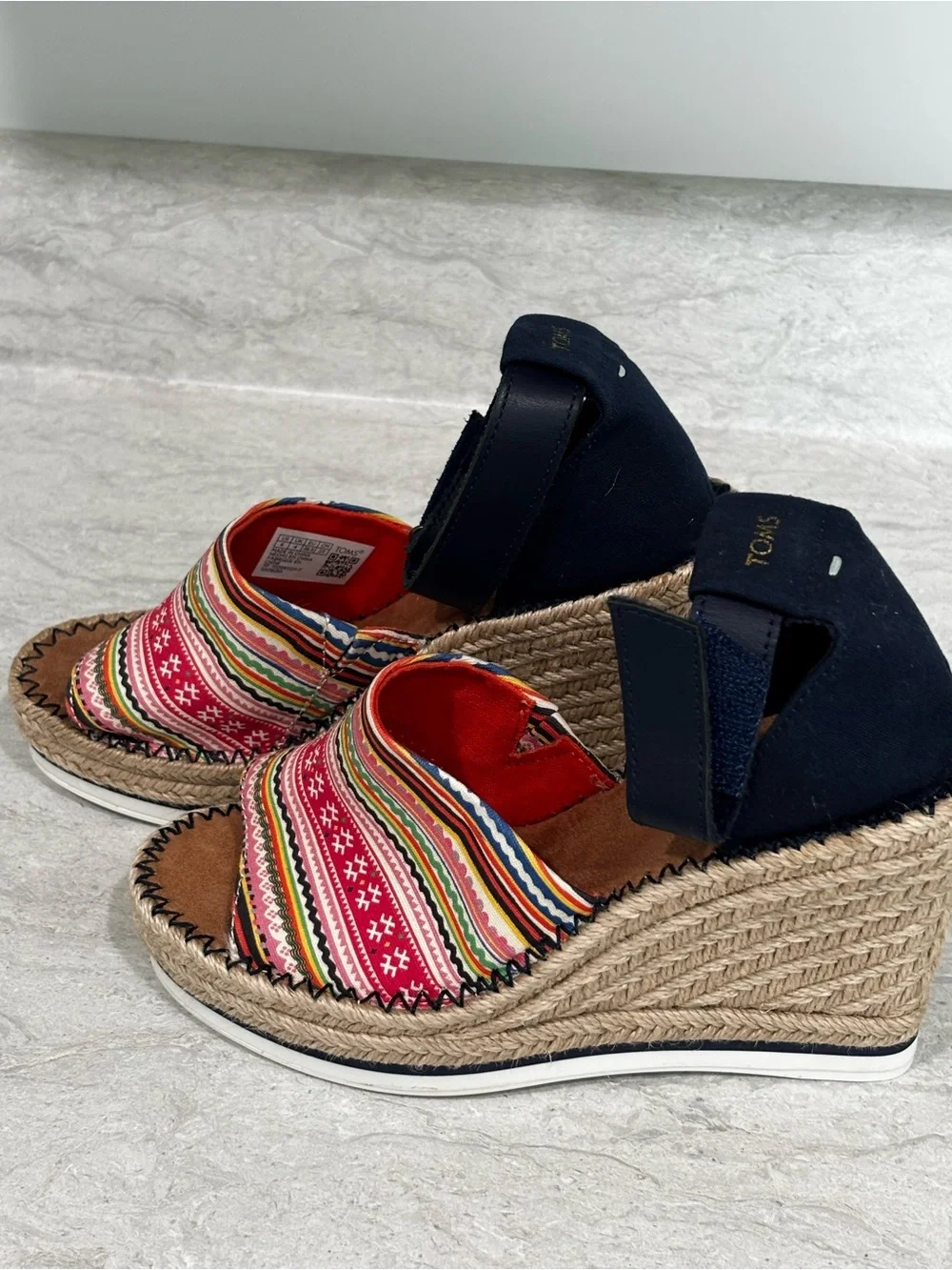 TOMS Multicolor Striped Espadrille Sandals with Navy Ankle Strap